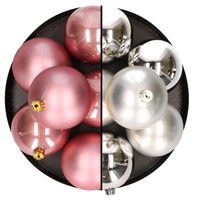 12x stuks kunststof kerstballen 8 cm mix van zilver en oudroze   -