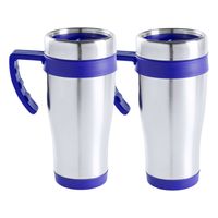 Warmhoudbeker/thermos isoleer koffiebeker/mok - 2x - RVS - zilver/blauw - 450 ml - thumbnail