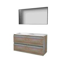 Basic-Line Framed 46 Badkamermeubelset - 120 x 46 cm - Greeploos - 4 Lades - Acryl Wastafel - 2 Kraangaten - Spiegel met Zwart Aluminium Frame - Scotch Oak