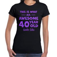 Verkleed T-shirt voor dames - leeftijd 40 jaar - awesome - zwart - glitter paars - Verjaardagsfeest