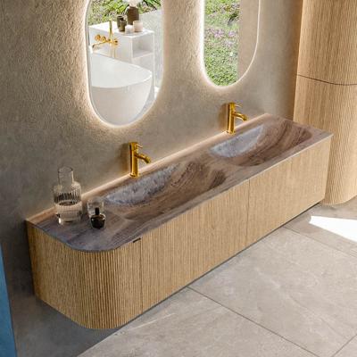 Badmeubel Mondiaz Kurve-Dlux | 175 cm | Meubelkleur Oak | Wastafelkleur Oza | Solid surface | Dubbel / Rechts spoelbak | 2 kraangaten