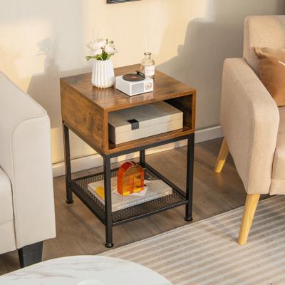 40 cm Lange en Brede Bijzettafel met Metalen Frame Vierkante Salontafel op 3 Niveaus met Opbergvak en Gaasplank Bruin + Zwart