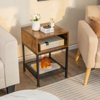 40 cm Lange en Brede Bijzettafel met Metalen Frame Vierkante Salontafel op 3 Niveaus met Opbergvak en Gaasplank Bruin + Zwart