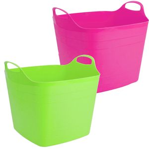 Voordeelset van 2x stuks kunststof flexibele emmers/wasmanden/kuipen 40 liter in het groen/roze