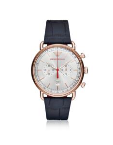 Emporio Armani mannen chronograaf marineblauw lederen band jurk horloge AR11123