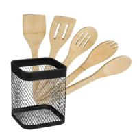 5Five Keukengerei - houten spatels set 5-delig - draad houder - Keuken pollepels/spatel - bamboe
