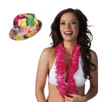 Hawaii thema party verkleedset - Hoedje Tropical print - bloemenkrans roze mix- Tropical toppers - thumbnail