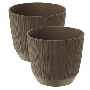 2x stuks moderne carf-stripe plantenpot/bloempot kunststof dia 13 cm/hoogte 11 cm eco/aarde bruin