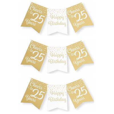 Verjaardag Vlaggenlijn 25 jaar - 3x - binnen - karton - wit/goud - 600 cm