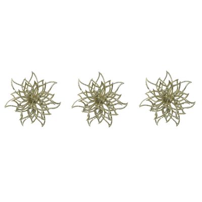 3x stuks decoratie bloemen kerstster champagne glitter op clip 14 cm