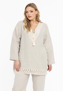 Yoek Wijde blouse met kant | Licht Bruin | Maat 50/52