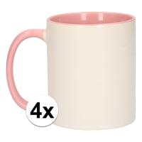 Koffiemok / thee beker - 4x - 300 ml - Wit/roze - Cadeau mokken - keramiek