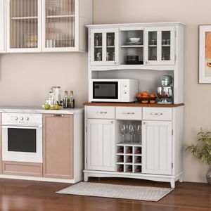Keuken Dressoir met Ladekast Keuken Opbergkast met Gehard Glazen Kast Flessenrek Verstelbare Planken Magnetron Aanrecht 3 Laden