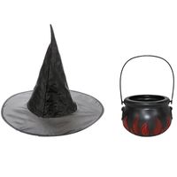Heksen accessoires set hoed met ketel 15 cm voor meisjes - thumbnail