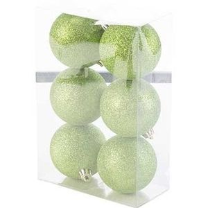 6x Kunststof kerstballen glitter appelgroen 8 cm kerstboom versiering/decoratie   -