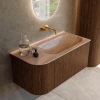 Badmeubel Mondiaz Kurve-Dlux | 95 cm | Meubelkleur Walnut | Wastafelkleur Saba | Solid surface | Wasbak rechter zijde spoelbak | Zonder kraangat(en)