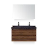 Dante Badmeubelset 100 cm - Walnoot - Wastafel Hardsteen Wit Lucca 2 kraangaten - met Spiegelkast