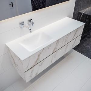 Mondiaz Vica Cloud badmeubel wit carrara mat 150 cm 2 lades solid surface enkele spoelbak links zonder kraangat