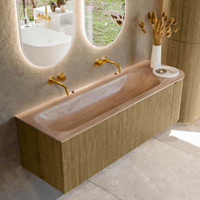 Badmeubel Mondiaz Kurve-Dlux | 145 cm | Meubelkleur Dusk | Wastafelkleur Saba | Solid surface | Wasbak linker zijde spoelbak | Zonder kraangat(en)