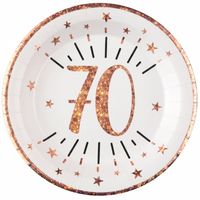 Santex Verjaardag feest bordjes leeftijd - 10x - 70 jaar - rose goud - karton - 22 cm - Feestbordjes