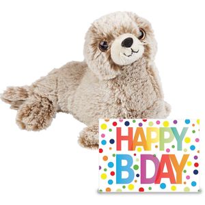 Verjaardag cadeau Zeehond pup 23 cm met XL Happy Birthday wenskaart