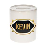 Spaarpot met voornaam Kevin - wit - goud/zwart embleem - 8 x 9 cm - keramiek - afsluitdop