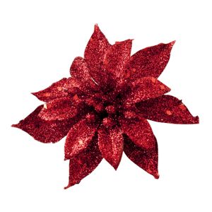 Decoratie bloem - op clip - rood - 8 cm - glitters - kunststof