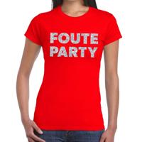 Foute Party verkleed t-shirt - zilveren glitter tekst - rood - voor dames - Party kleding