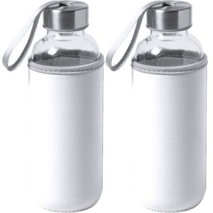 2x Stuks glazen waterfles/drinkfles met witte softshell bescherm hoes 420 ml