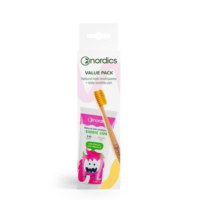 Nordics Tandpasta bubblegum & kids tandenborstel geel (4 st)