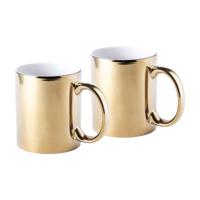 Koffie mokken/bekers - 2x - keramiek - met oor - metallic goud - 350 ml