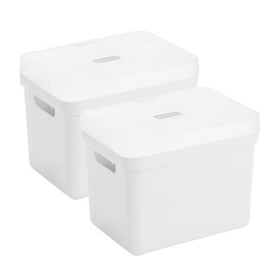 Set van 2 opbergboxen/opbergmanden wit van 18 liter kunststof met transparante deksel