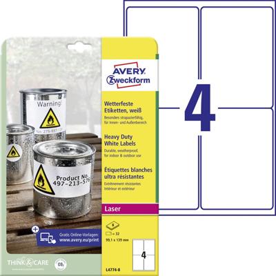 Avery-Zweckform L4774-8 Folie-etiketten 99.1 x 139 mm Polyester folie Wit 32 stuk(s) Permanent hechtend Laser (kleur), Laser (zwart/wit), Kopiëren (kleur),