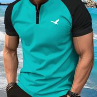 Bon&Bon Men's Graphic Henley T-Shirt - Grey Raglan Sleeve Summer Tee Blue1 / XXL