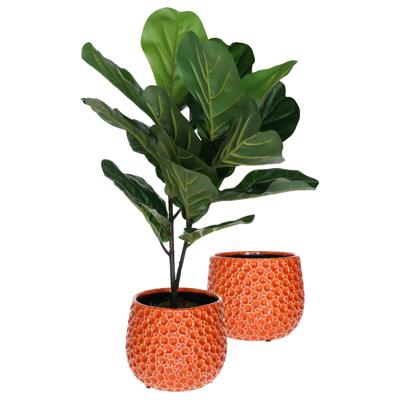 Plantenpot/bloempot Pebblo - 2x - keramiek/geglazuurd?- oranje - druppels - D15 x H13 cm