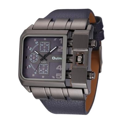 Oulm 3364 mannen vierkante wijzerplaat lederen riem quartz horloge (blauw)