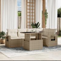 6-delige Loungeset met kussens poly rattan beige