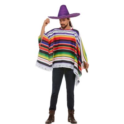 Carnaval verkleed set Mexicaan - gekleurde one size poncho - Sombrero hoed paars dia 59 cm