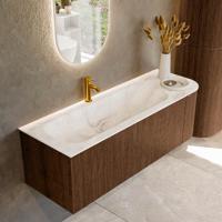 Badmeubel Mondiaz Kurve-Dlux | 135 cm | Meubelkleur Walnut | Wastafelkleur Frappe | Solid surface | Links spoelbak | 1 kraangat