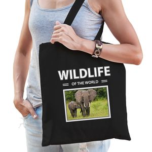 Katoenen tasje Olifanten zwart - wildlife of the world Olifant cadeau tas