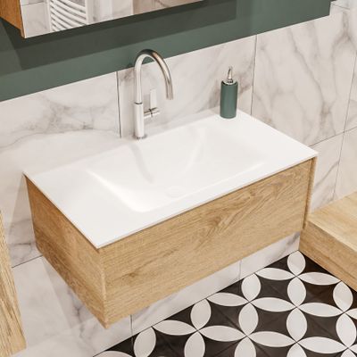 Mondiaz Lush Cloud badmeubel Washed oak 80 cm 1 lade solid surface enkele spoelbak midden 1 kraangat