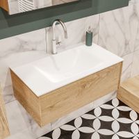 Mondiaz Lush Cloud badmeubel eiken licht 80 cm 1 lade solid surface enkele spoelbak midden 1 kraangat