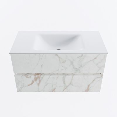 MONDIAZ VICA 90cm badmeubel onderkast Carrara 2 lades. Wastafel CLOUD midden zonder kraangat, kleur Talc.