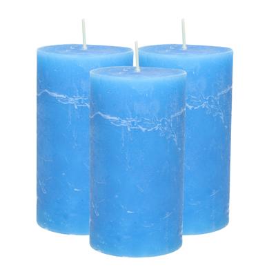 Atmosphera Stompkaars - 3x - helder blauw - 7 x 13 cm - rustiek model - cilinderkaars - kaars