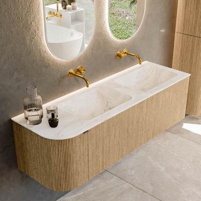Badmeubel Mondiaz Kurve-Dlux | 145 cm | Meubelkleur Oak | Wastafelkleur Frappe | Solid surface | Dubbele spoelbak | Zonder kraangat(en)