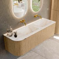 Badmeubel Mondiaz Kurve-Dlux | 145 cm | Meubelkleur Oak | Wastafelkleur Frappe | Solid surface | Dubbele spoelbak | Zonder kraangat(en)