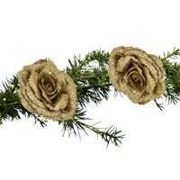 2x stuks kerstboom decoratie bloemen roos goud glitter op clip 18 cm - thumbnail