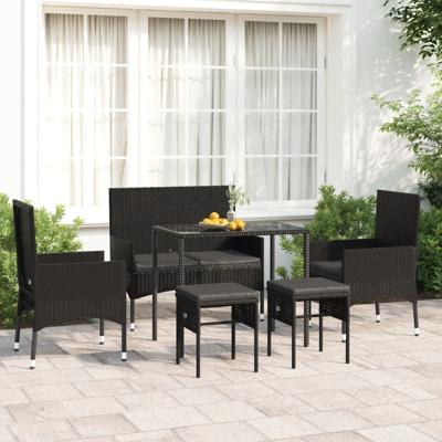 6-delige Loungeset met kussens poly rattan zwart
