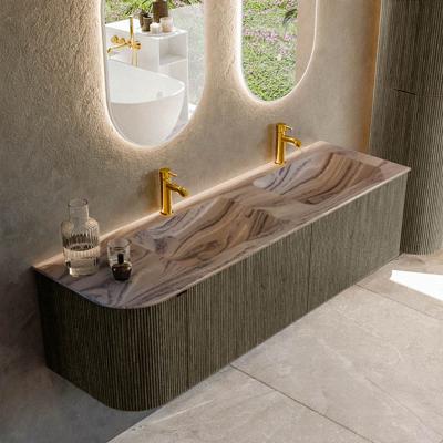 Badmeubel Mondiaz Kurve-Dlux | 155 cm | Meubelkleur Shadow | Wastafelkleur Sombra | Solid surface | Dubbel / Rechts spoelbak | 2 kraangaten