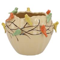 Bloempot/plantenpot Spring birds - zandkleurig - keramiek - D26 x H20 cm